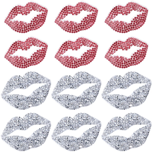 12Pcs 2 Colors Rhinestone Lips Iron on Patches Silver Red Kiss Embroidery Sew Patch Diamonds Embroidered Hot Fix Applique