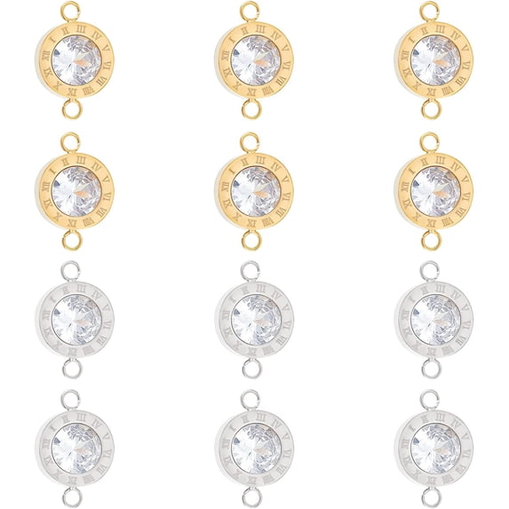 12Pcs 2 Colors Stainless Steel Clear Cubic Zirconia Connector Charms Flat Round with Roman Numerals Link Pendants Metal Links Charms for Jewelry Making 17x11mm Colorful