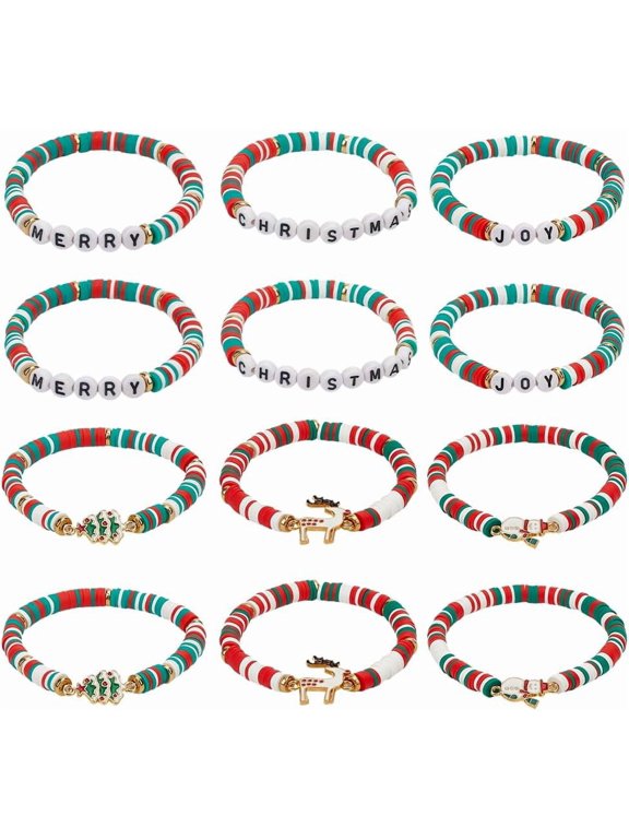 12Pcs 2 Sets Christmas Theme Polymer Clay Heishi Beaded Stretch Bracelets Alloy Enamel Link Bracelets Set for Men Women Mixed Color Craft Supplies