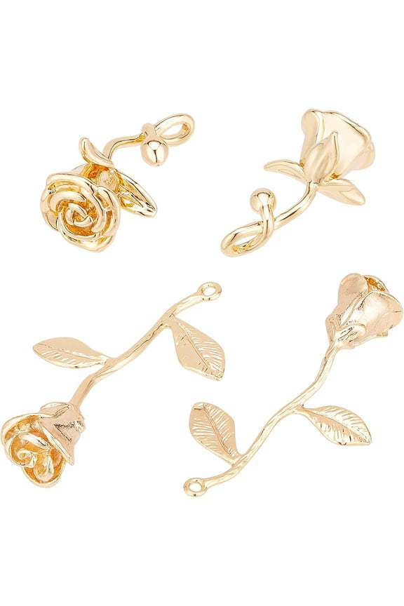 12Pcs 2 Style 18K Gold Plated Rose Charms Brass Elegant 3D Rose Branch Charms Pendants for Wedding DIY Earrings Necklace Bracelet Making Festival Gift Gold