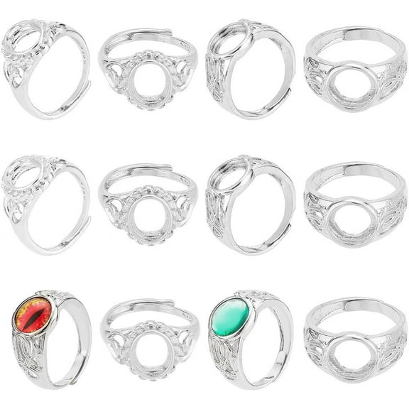 12Pcs 2 Style Adjustable Blank Rings Silver Rings Brass Settings Finger Ring Base Hollow Ring Pad Hollow Rings Blank Jewelry Findings Components for DIY Rings 18mm and 19mm Inner Diameter DIY
