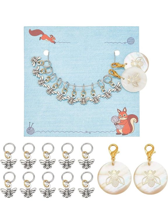 12Pcs 2 Style Bees Style Alloy Pendant Stitch Markers Crochet Charms with Alloy Lobster Claw Clasps and Freshshell Pendants for DIY