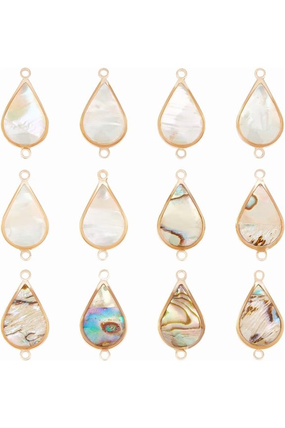 12Pcs 2 Styles Abalone Shell Charms Natural Paua Shell Connector Pendant Teardrop Links Findings with Brass Edging for Bracelet Earrings DIY Jewelry Making for DIY