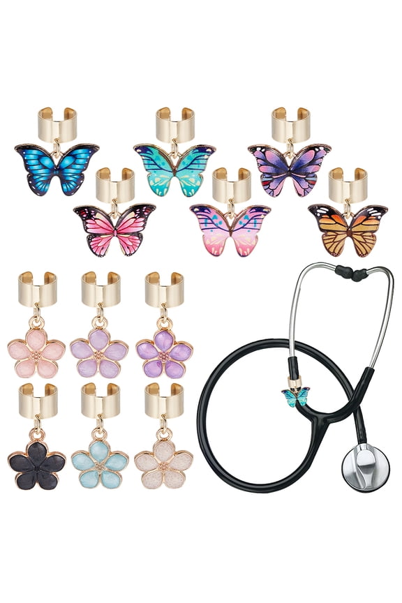 12Pcs 2 Styles Butterfly and Flower Stethoscope Charms 0.8~0.9 Inch Alloy Enamel Stethoscopes Pendant Stethoscope ID Name Tag Charm Stethoscopes Accessories