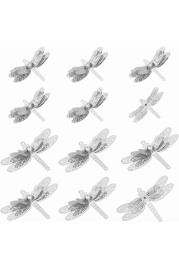 12Pcs 2 Styles Dragonfly Hanging Suncatcher Brass Filigree Beads with Rhinestone Hanging Window Pendant for Window Wedding Garden Decor Jewelry Making Platinum