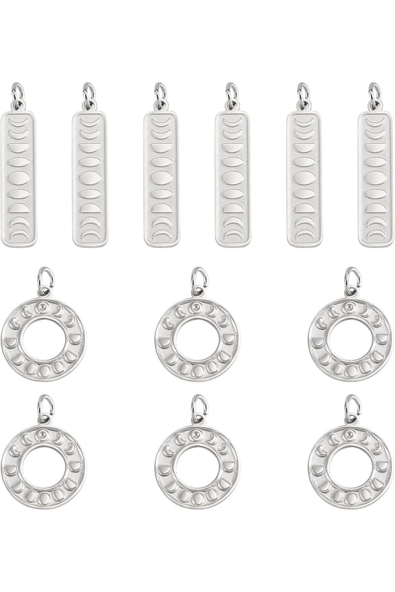 12Pcs 2 Styles Moon Phase Pendants Long Bar Crescent Charms Round Hollow Moon Textured Charms Stainless Steel Moon Phase Charms with Jump Ring for DIY Necklac Jewelry Making DIY