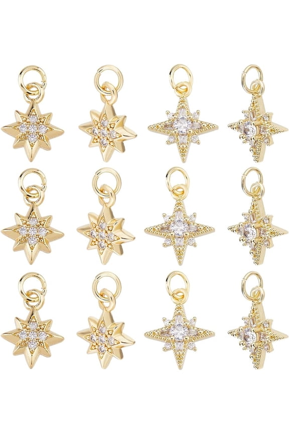 12Pcs 2 Styles Rhinestone Star Charm Cubic Zirconia North Star Charm Brass Celestial Charms Bulk Real 18K Gold Plated 8 Point Stars Charms for DIY Necklace Bracelet Earring Jewelry Making