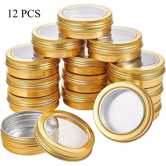 12Pcs 2 oz Aluminum Tin Containers with Clear Window Lid, Gold Round Screw Top Storage Tins for Travel Storage Craft Candle Containers Sample Jars