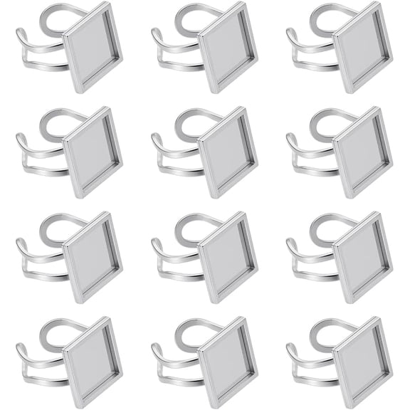 12Pcs 201 Stainless Steel Cuff Pad Ring Settings Laser Cut Square Stainless Steel Color Tray: 14x14mm Size 7 1/4(17.5)~Size 8(18mm)