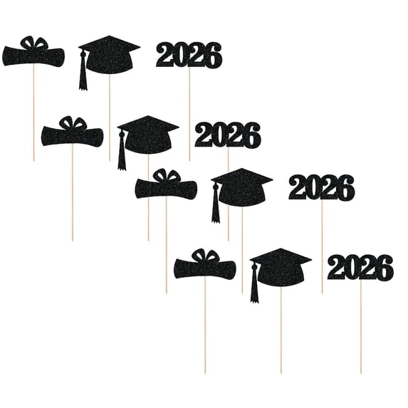 12Pcs 2026 Graduation Centerpieces for Tables Toppers Glitter Graduation Cutouts Cap Sticks Vase Decor Confetti Class for College Graduation Supplies (Black,3 Styles)