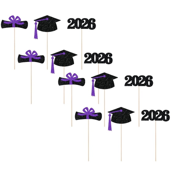 12Pcs 2026 Graduation Centerpieces for Tables Toppers Glitter Graduation Cutouts Cap Sticks Vase Decor Confetti Class for College Graduation Supplies (Deep Purple,3 Styles)