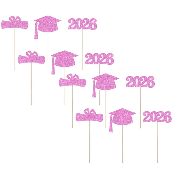 12Pcs 2026 Graduation Centerpieces for Tables Toppers Glitter Graduation Cutouts Cap Sticks Vase Decor Confetti Class for College Graduation Supplies (Pink,3 Styles)