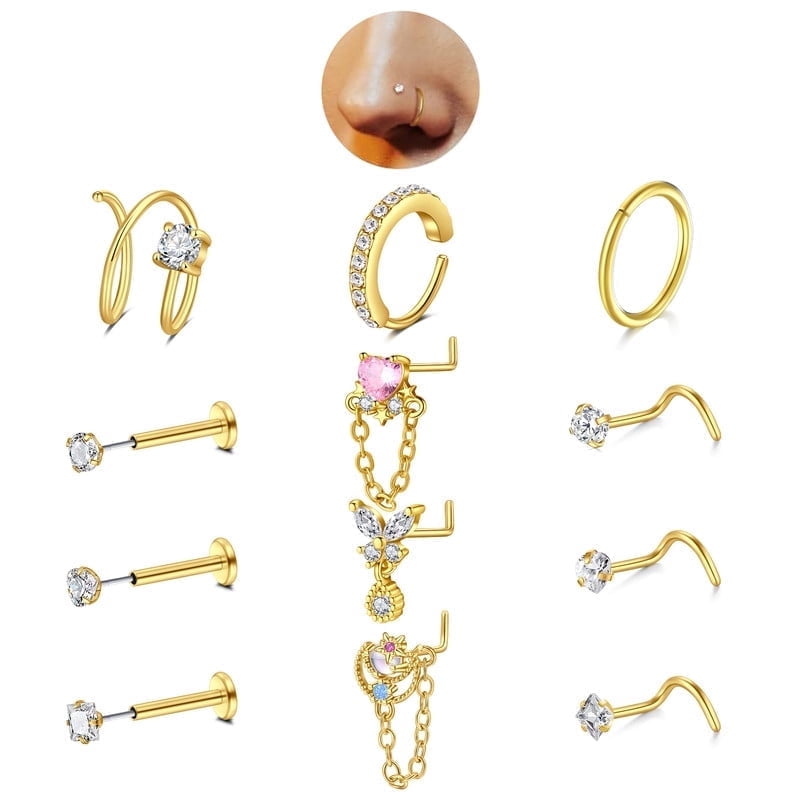 Threaded Nose Set 12Pcs 20G Nose Ring Set 316L Stainless Steel Nose Rings Hoop for Women ...