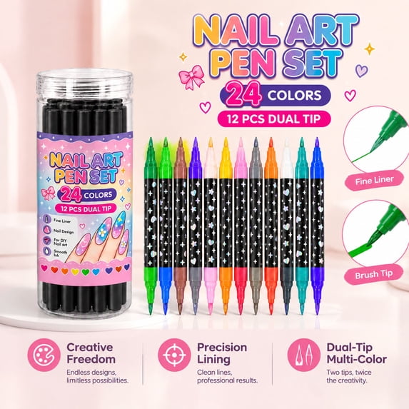 12Pcs 24 Colors Dual-End Nail Art Pens Set with 10ml Adhesive, Precision Nail Painting Pens for DIY Nail Art & Decoration, Quick-Drying & Travel-Friendly, Gift for Women, 15ml Each + 10ml Adhesive