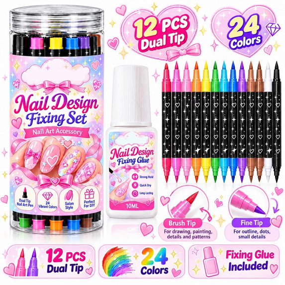12Pcs 24 Colors Dual-Tip Nail Art Pens Set, Precision Nail Painting Pens for Home & Salon Manicure, Quick-Drying & Travel-Friendly DIY Tool, Gift for Women, 15ml Each