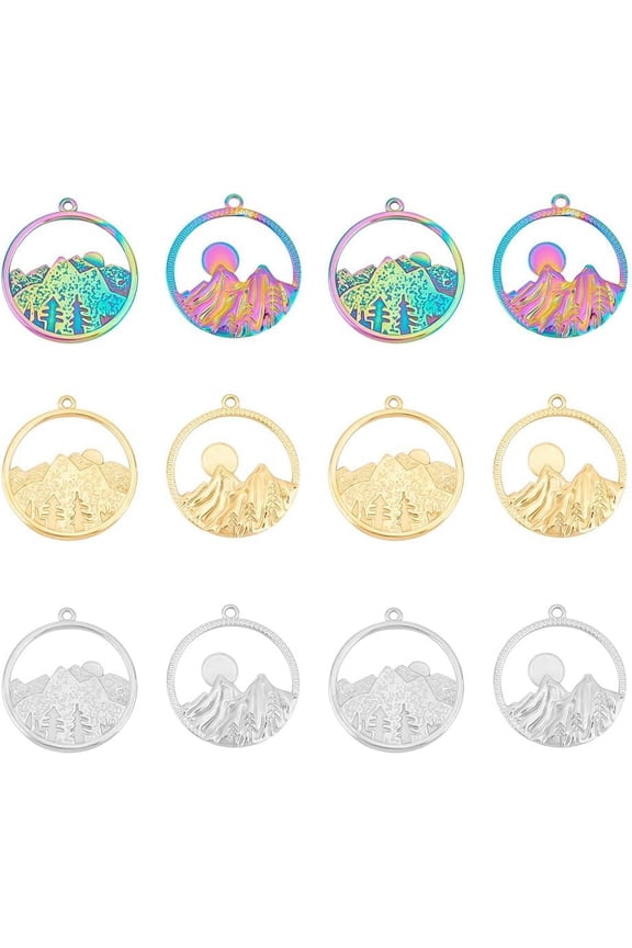 12Pcs 25mm 3 Colors Mountain Charms Stainless Steel Flat Round Mountain Range Pendants Sun Charms Forest Pendant Rainbow Hollow Charm For Climbers Nature Lovers Mixed Color