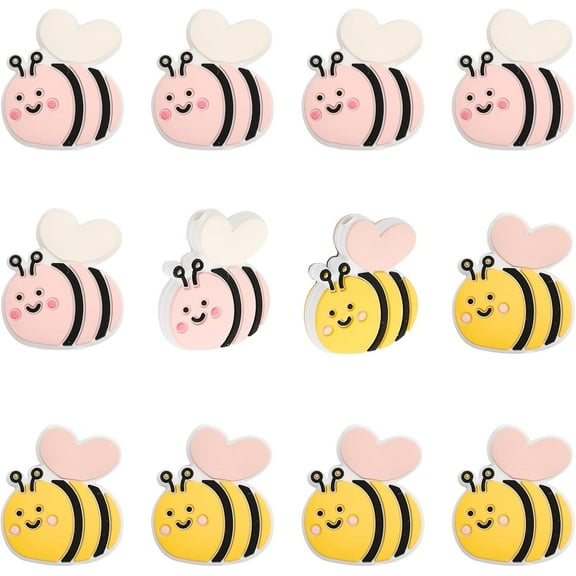 12Pcs 2Colors Mini Bee Silicone Beads Pen Beads Silicone Loose Spacer Beads