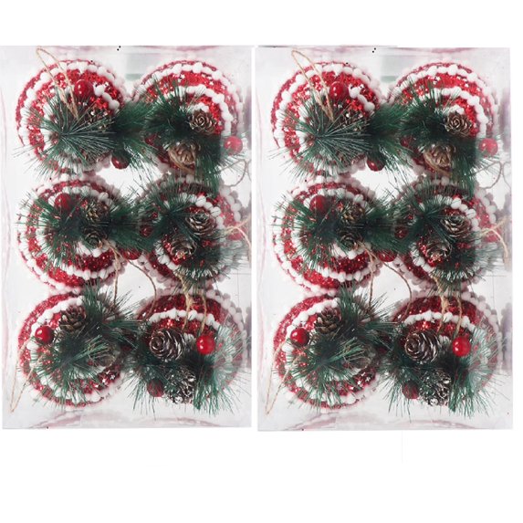 12Pcs,3.14in Shatterproof Christmas Ball Ornaments with Pinecones & Greenery, Red Black Plaid Fabric Ball Christmas Ball Ornaments Christmas Hanging Ornament for Xmas Tree Ornaments