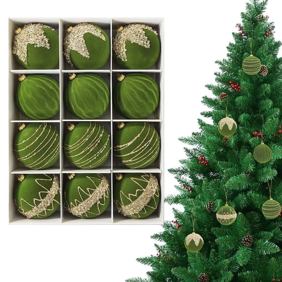 12Pcs 3.15 Inch Olive Green Christmas Ball Ornaments, Flocked Velvet Shatterproof Hanging Balls for Christmas Tree Decor