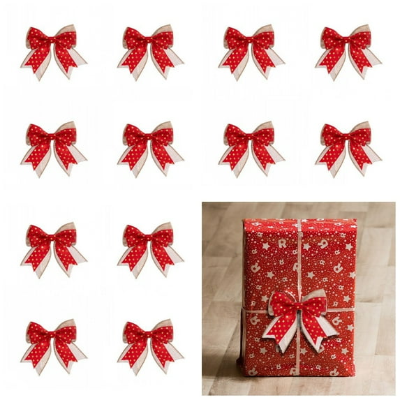 12Pcs 3.9" Christmas Bow Decorations, Burlap Mini Wreaths Bows, Small Christmas Tree Bow, Gift Box Bow Ties, Xmas Decorative Bows Ornaments for Home Christmas Party