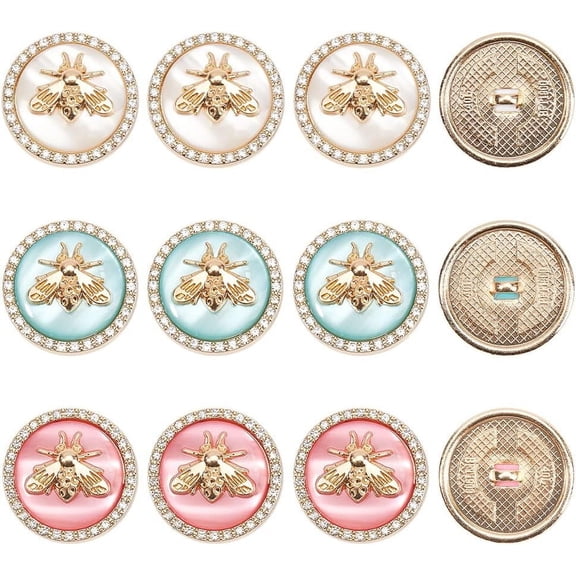 12Pcs 3 Colors 1-Hole Zinc Alloy Shank Buttons with Rhinestone Resin Golden Flat Round with Bees Mixed Color 25x10mm Hole: 4x2.5mm