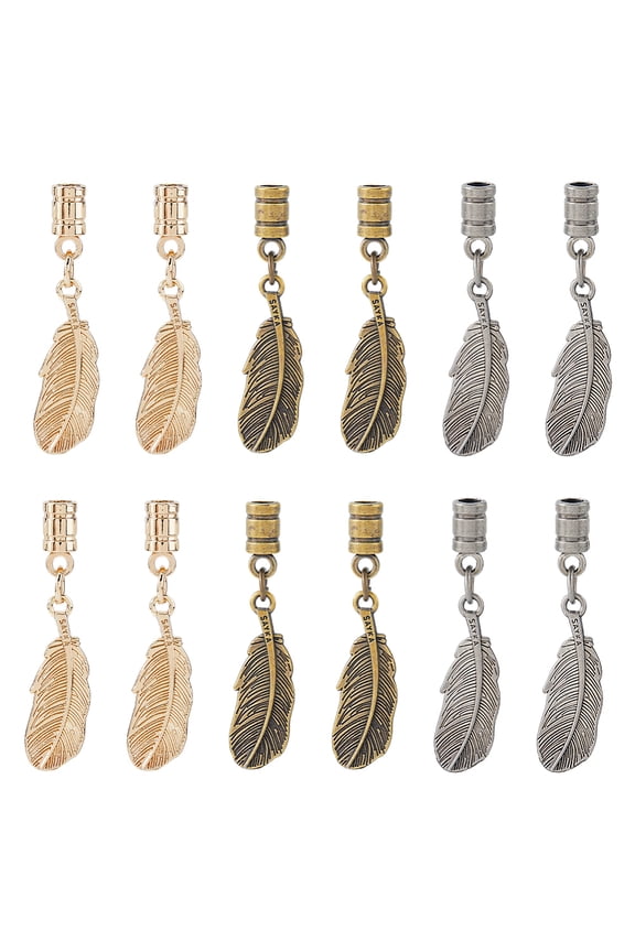 12Pcs 3 Colors Alloy Cord Ends Cone Cord Rope Lock Hoodie Drawstring Replacement Feather Mixed Color 55mm 4pcs/color