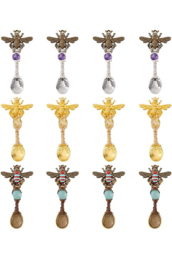 12Pcs 3 Colors Alloy Spoon Charms 2.56" Long Bee Spoon Alloy Charms Wire Wrapped Spoons Charms with Gemstone Mini Tableware Charm for Crafts Keychain Necklace Bracelet Jewelry Making Brown DIY