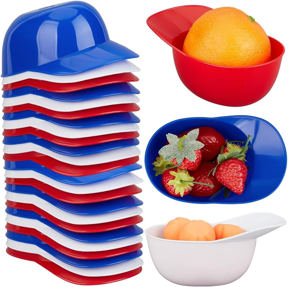 12Pcs 3 Colors Baseball Helmet Snack Bowls Small 8 oz Plastic Hard Hat Red Blue White Chip Ice Cream Sundae Snack Dessert Bowl for Birthday Party Chip Ice Cream Sundae Candy