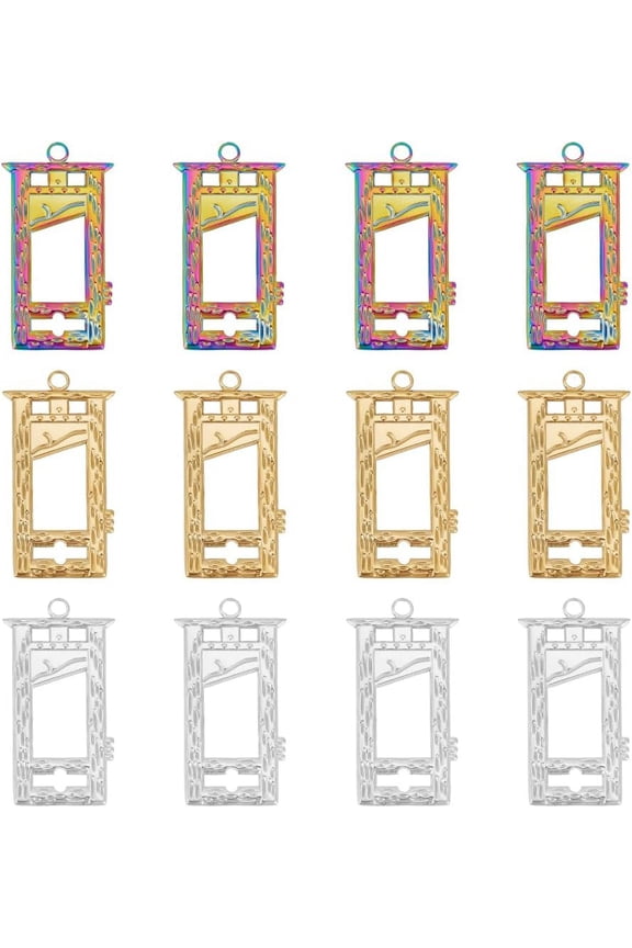 12Pcs 3 Colors Ion Plating(IP) 304 Stainless Steel Pendants Metal Window Shaped Charm Rectangle Hollow Pendant 2.8mm Small Hole Charm for DIY Earring Necklace Jewelry Making for DIY