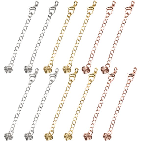 12Pcs 3 Colors Long-Lasting Plated Brass Curb Chain Extender End Chains with Lobster Claw Clasps and Heart Chain Tabs Mixed Color 65x3mm
