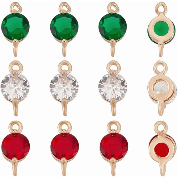 12Pcs 3 Colors Real 14K Gold Plated Round Brass Micro Pave Cubic Zirconia Links Red Green Clear Faceted Cubic Zirconia Connector Charms for Necklace Bracelet Jewelry Making 5x10mm for DIY