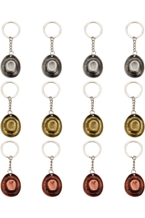 12Pcs 3 Colors Western Cowboy Hat Keychain Western Themed Keychain Pendant Cool Vintage Keychain Charm Alloy Keyring with Iron Finding for Jewelry Making Western Favor Party Gift Mixed Color