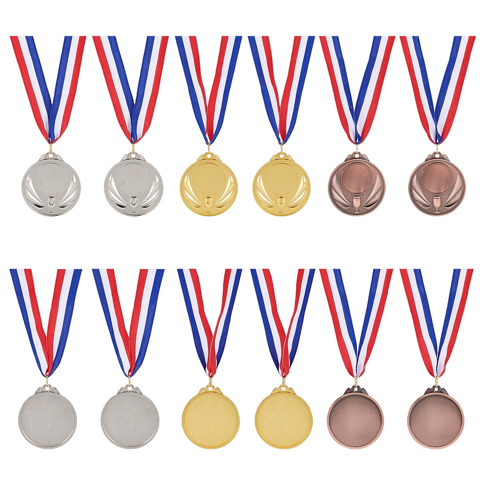 12Pcs 3 Colors Zinc Alloy Blank Award Medals with Polyester Cord Flat Round with Trophy Pattern Mixed Color 19.76 inch(50.2cm) 4pcs/color DIY