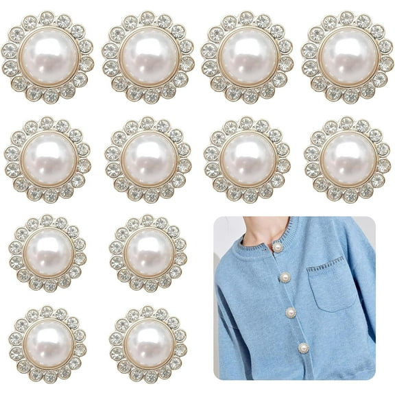 12Pcs 3 Sizes Pearl Buttons Gold Retro Vintage Diamond Pearl Acrylic Buttons Round Shape Buckles Button Covers for Women White Decorative for Dresses, Shirts, DIY Crafts (0.98in, 0.83in, 0.69in)