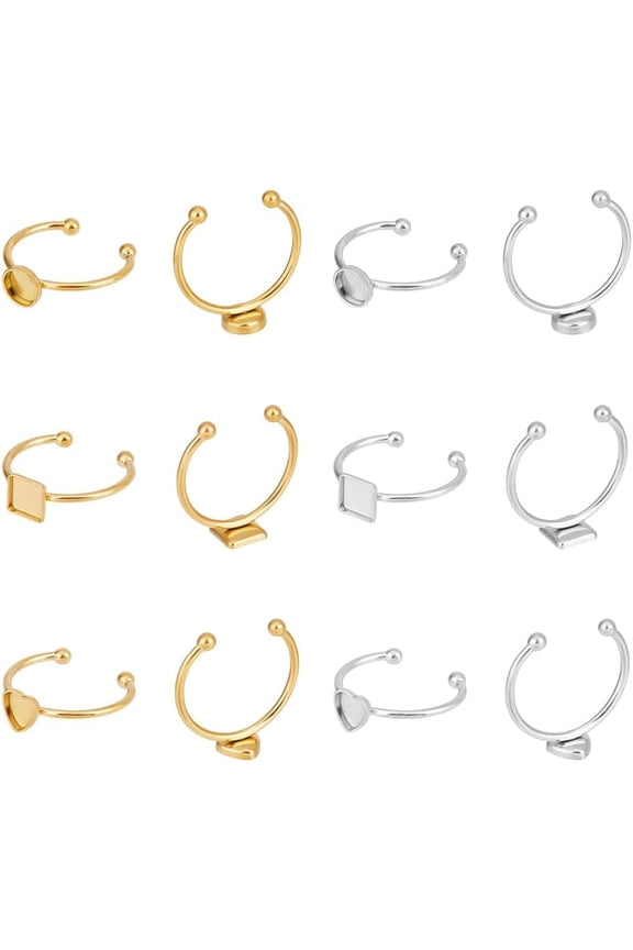 12Pcs 3 Styles 304 Stainless Steel Blank Dome Finger Rings 2 Colors Round Flat Pad Ring Components Open Cuff Bezel Trays Fit Ring