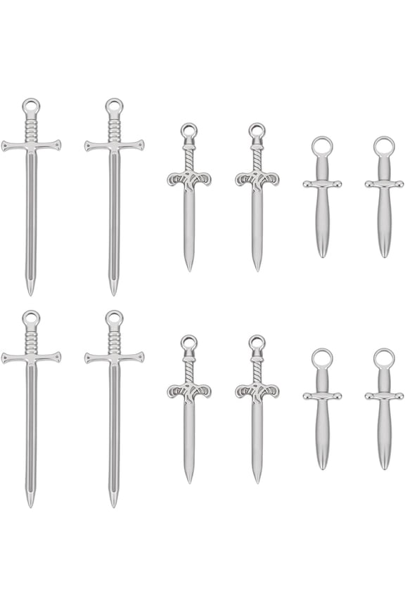 12Pcs 3 Styles 304 Stainless Steel Charm Metal Pendants Silver Swords Blade Charms for DIY handcrafting