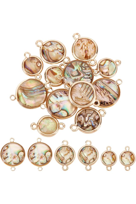 12Pcs 3 Styles Abalone Shell Charms Connector Natural Paua Shell Connector Pendant Flat Round Links with Brass Edging