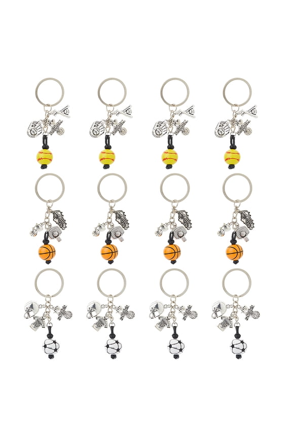 12Pcs 3 Styles Alloy Sport Series keyring Mixed Shapes Wood Keychians with Iron Split Key Rings Football Basketball Baseball for School Carnival