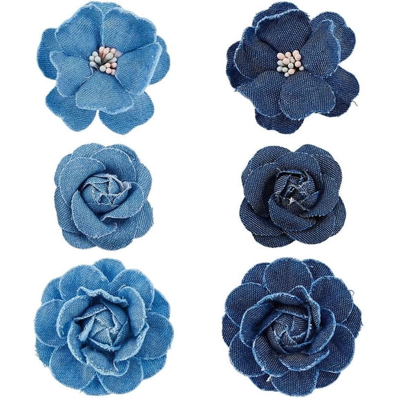 12Pcs 3 Styles Denim Flower Blue Flower Embellishment 3D Flower Fabric Camelia Sewing Flowers DIY Craft Supplies for Clothes Hairclips Decoration DIY Costume Accessories
