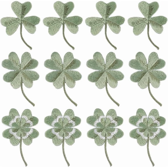 12Pcs 3 Styles Four Leaf Clover Shamrock Iron On Patch Green Leaf Embroidery Patches Lucky Emblem Embroidered Sew On Appliques