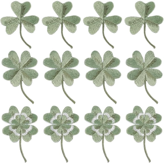 12Pcs 3 Styles Four Leaf Clover Shamrock Iron On Patch Green Leaf Embroidery Patches Lucky Emblem Embroidered Sew On Appliques for DIY Sewing Clothes Jacket Jean Hat Bag Shirts Shoes Scarves