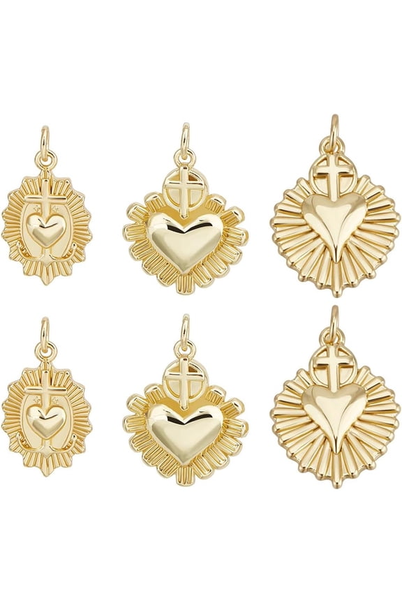12Pcs 3 Styles Heart Charms 18K Gold Plated Brass Sacred Heart Charms Dangle with Jump Ring for Jewelry Making DIY Crafts