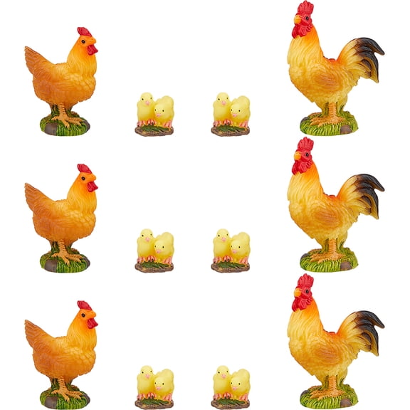 12Pcs 3 Styles Mini Chicken Figurines Resin Animals Display Decoration Hen Chick Rooster Ornaments Miniature Fairy Garden Decor
