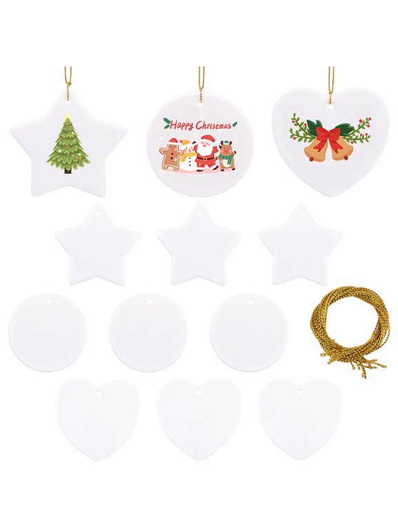 12Pcs 3 Styles Porcelain Heat Transfer Sublimation Blank Pendant Decorations with Jute Cords for Christmas Ornament Mixed Shapes 175~180mm