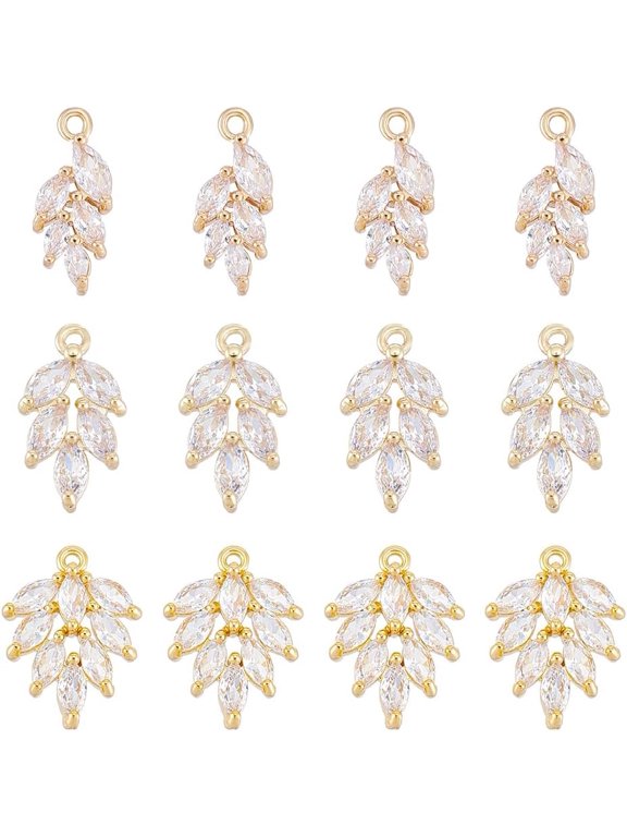 about 12Pcs 3 Styles Rhinestone Leaf Charms Wheat Charms Wheat Pendants Cubic Zirconia Tree Leaves Charm Light Gold Pendants Earring Charm for DIY Bracelet Necklace Jewelry Making
