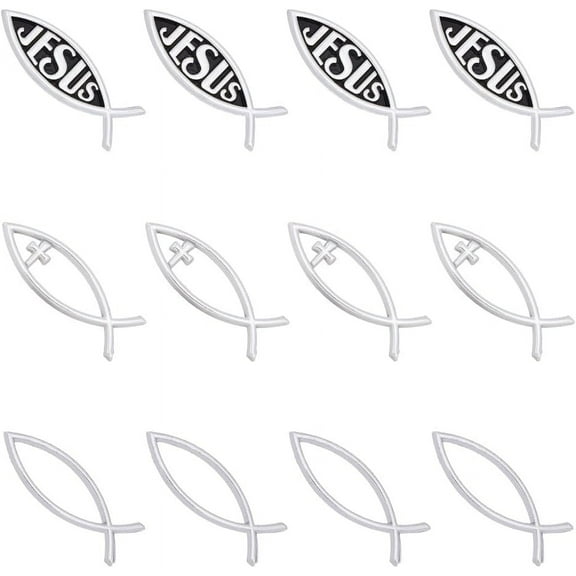 12Pcs 3 Styles Small Silver Jesus Fish Decal Sticker Acrylic Fish Auto Emblem Waterproof Love Peace Car Stickers Self-Adhesive Decals for Vehicle Decoration 16x50x6mm for DIY