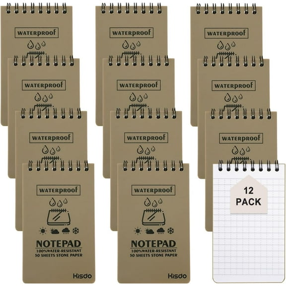 12Pcs 3 x 5 Inches Pocket Notepad, Waterproof Notebook, All-Weather Spiral Memo Paper Notepad, Police Notepad, Tactical Notepad, Black Mini Field Grid Paper Notepad for Outdoor Activities