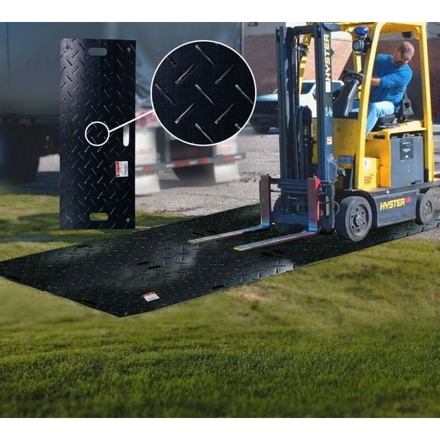 12Pcs 3' x 6' Ground Protection Mats w/ 22 Pcs Single Connectors - Double Sided Diamond Plated Tread Design High Density Polyethylene Mat, Easily Supports 60 Ton Loads on Lawns, Dirt