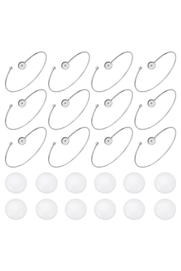 12Pcs 304 Stainless Steel Cuff Blank Bangle Bases with Round Tray with 12Pcs Glass Cabochons Stainless Steel Color Tray: 8mm