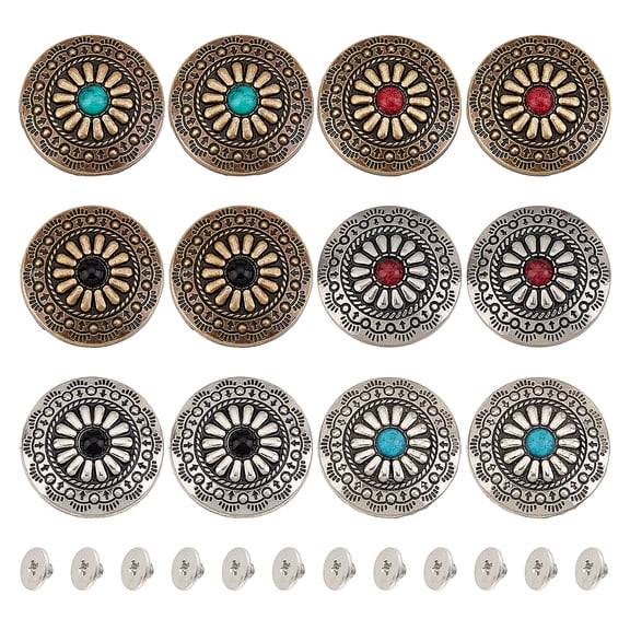 12Pcs 30mm Screw Back Buttons Concho Screw Back 6 Colors Replacement Vintage Western Style Turquoise Round Flower Buds Buttons for DIY Leather Craft Fabrics Sewing Bags Decoration DIY Mixed Color